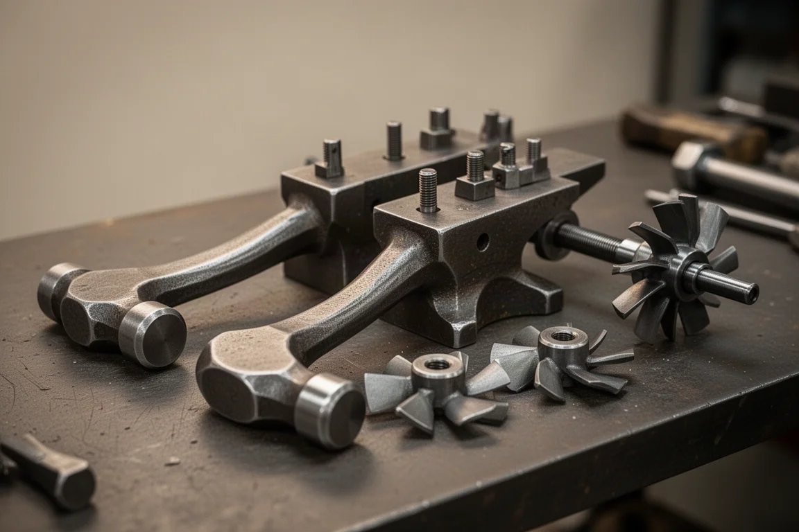 Binnenkant van een gedemonteerde slagmechanisme met dubbele hamer op een werkbank