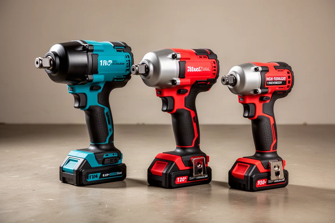Three cordless impact wrenches in teal and red on a concrete workshop floor