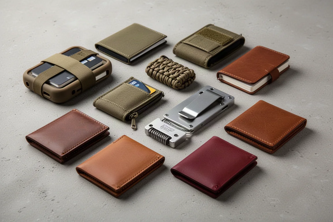 Tien everyday-carry-portemonnees van verschillende materialen, gerangschikt op een betonnen ondergrond