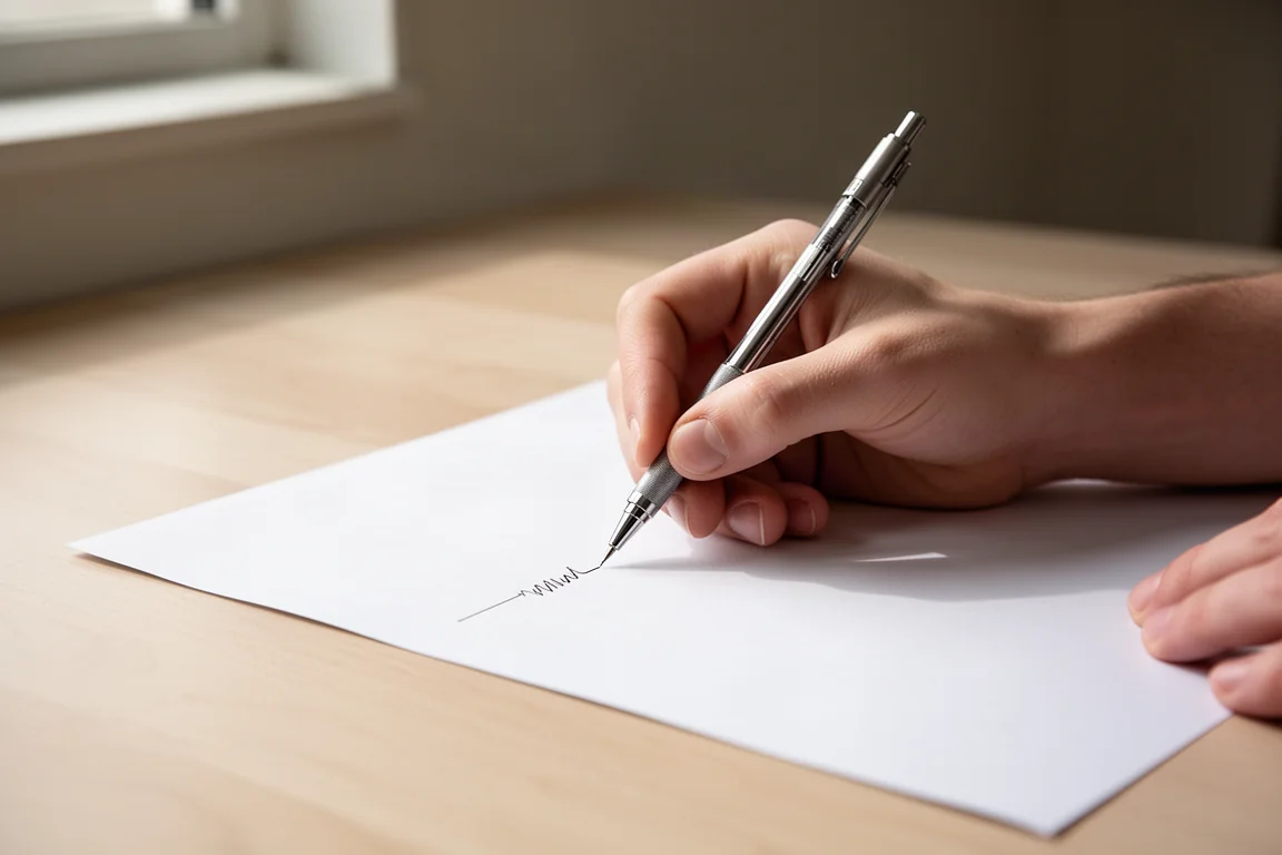 Hand writing with a mechanical pencil on white paper under soft window light