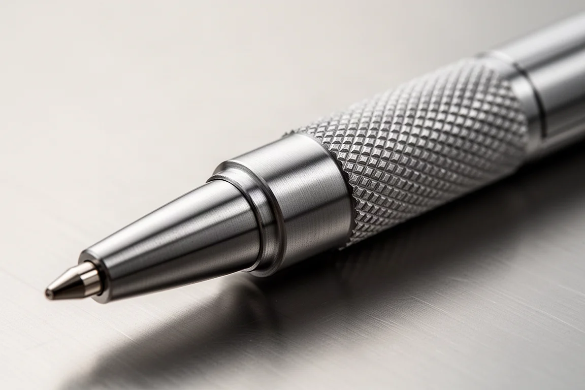 Close-up of a machined metal pencil grip showing a seamless unified body