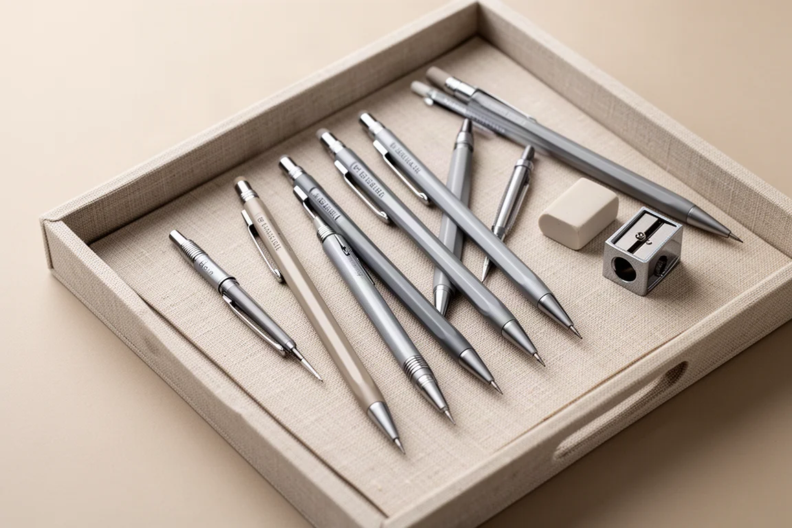 Collection of drafting pencils arranged on a stationery tray