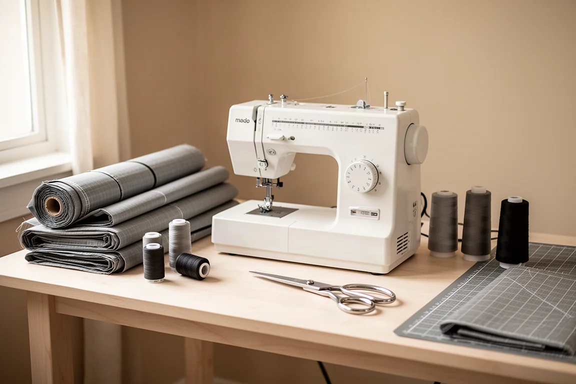 Thuisnaaiatelier met een naaimachine zonder merk, rollen stof en klosjes garen