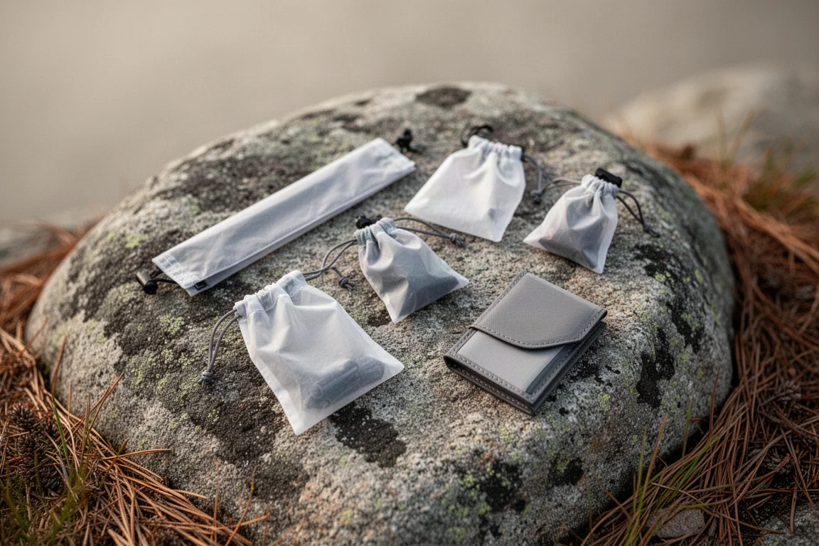 Kleine ultralichte stoffen accessoires uitgespreid over een granieten kei op een kampeerplek