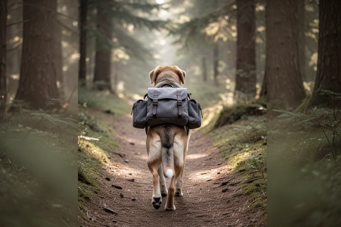 Trailhond met een kleine handgemaakte zadeltas op een bospad