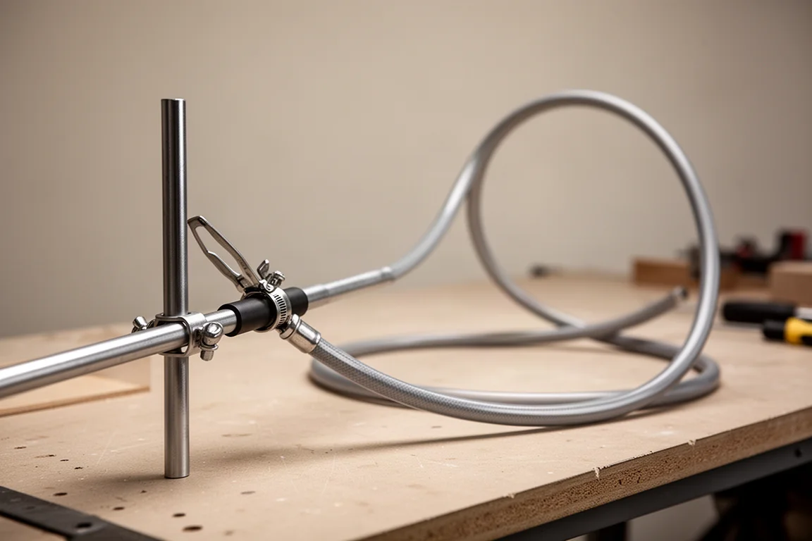 Grijpgereedschap met een slangklem aan een metalen staaf bevestigd, deels tot een grote lus opgerold