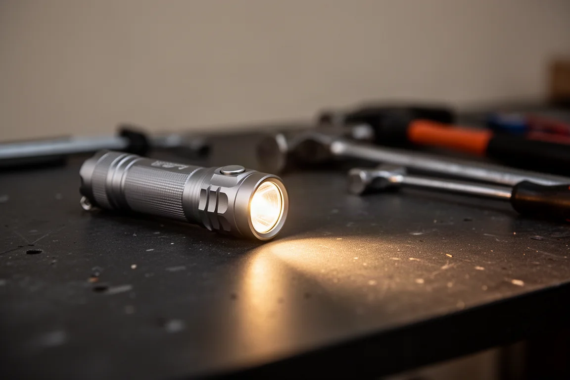 Compacte zaklamp die een lichtbundel over een donkere werkbank werpt
