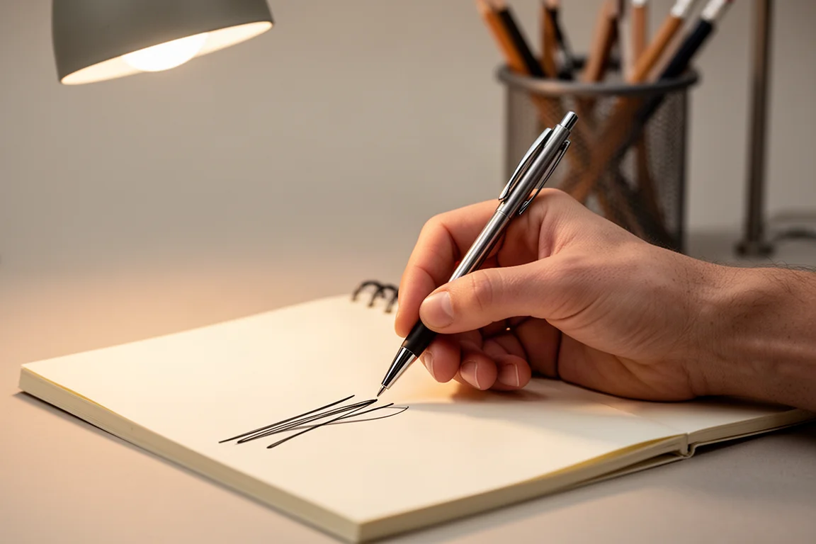Hand writing smooth dark lines with a ballpoint pen on cream notebook paper