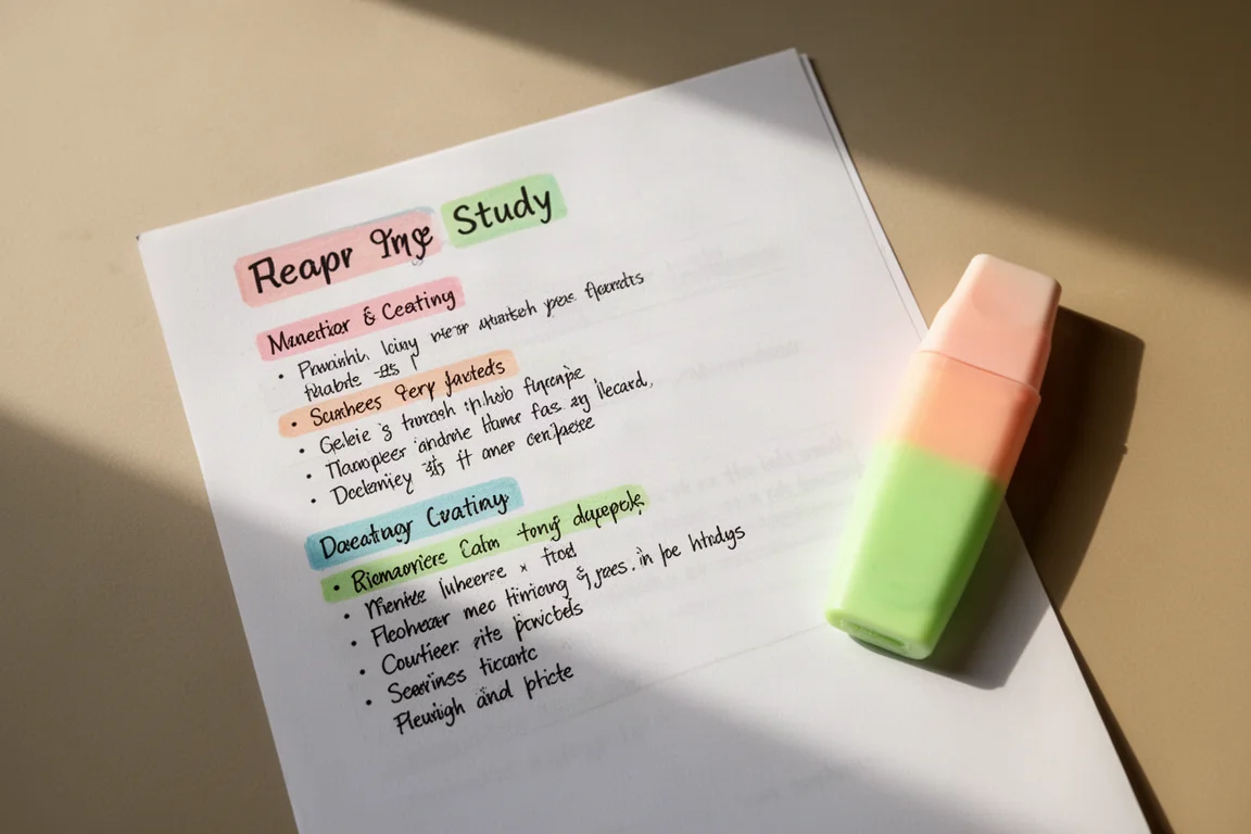 Study notes with softly highlighted pastel headings on a desk