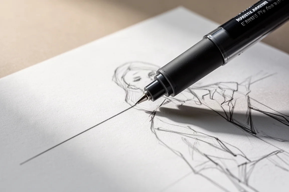 Fineliner pen drawing crisp precise lines on sketch paper