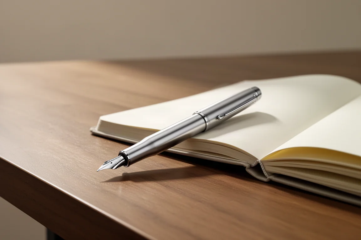 Aluminum fountain pen resting on a minimal wooden desk