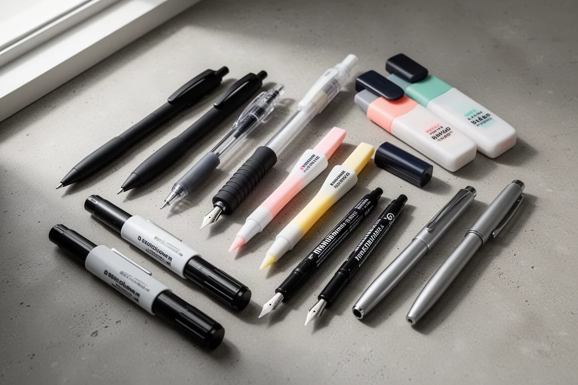 Assortment of Japanese pens and markers arranged on a concrete desk surface