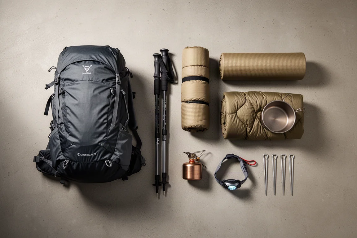 Ultralichte backpacking-uitrusting gerangschikt in een flat-lay op een betonnen oppervlak