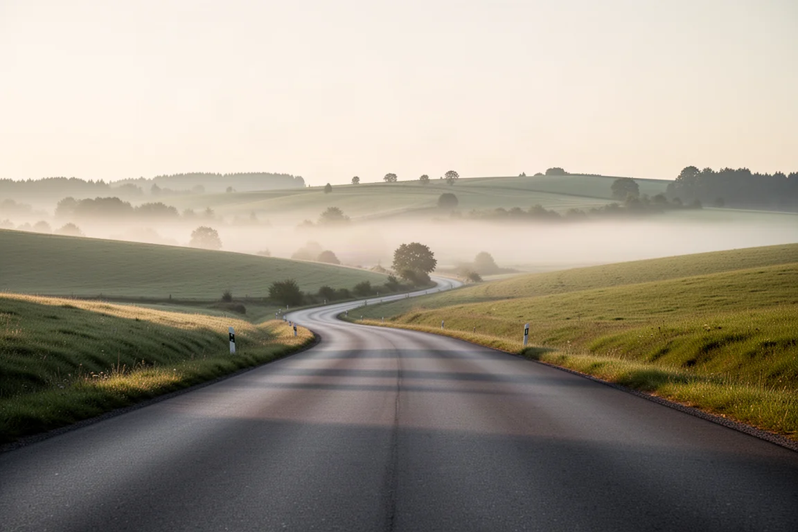 Lege asfaltweg die bij zonsopgang door glooiend groen landschap slingert