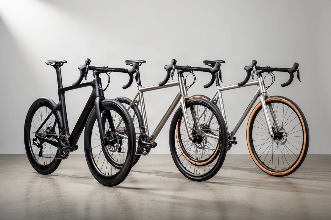 Drie racefietsen op een rij op een betonnen vloer tegen een grijze achtergrond
