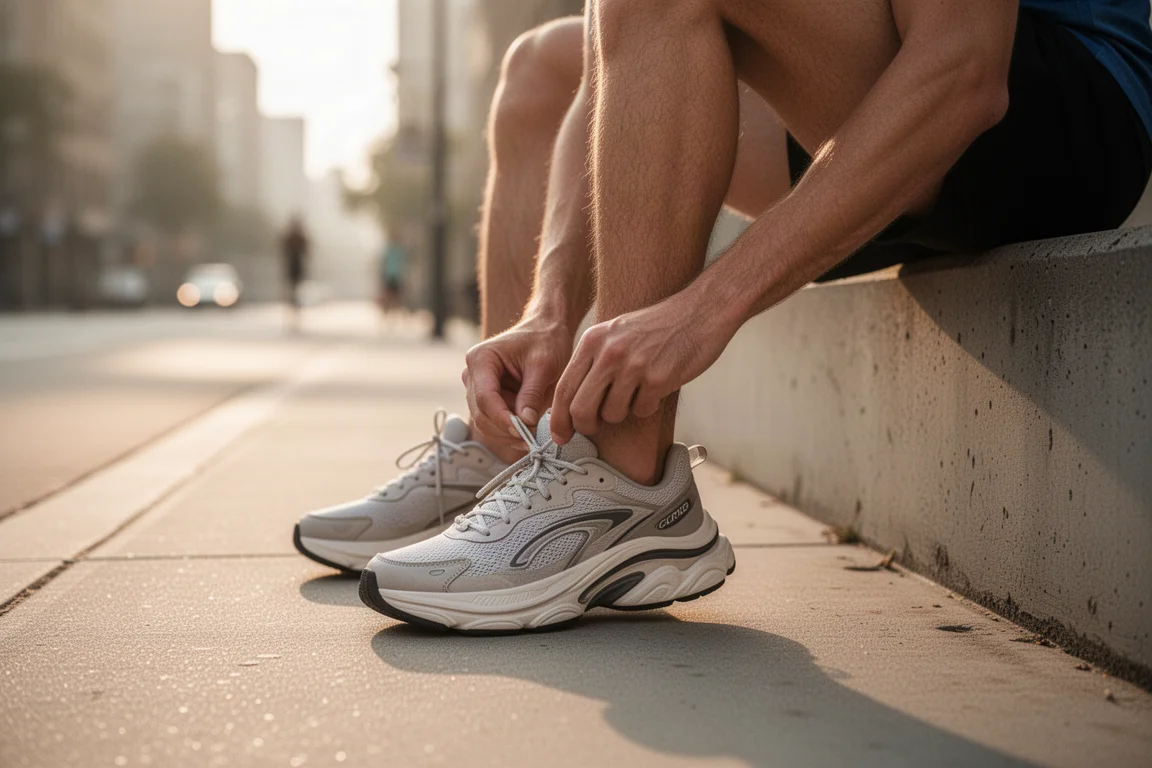 Un runner attache le lacet d'une chaussure d'entraînement bien amortie sur un trottoir à l'aube