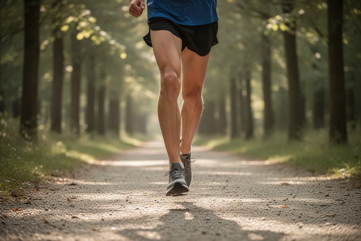Un runner court à allure facile pour une sortie longue sur un chemin bordé d'arbres