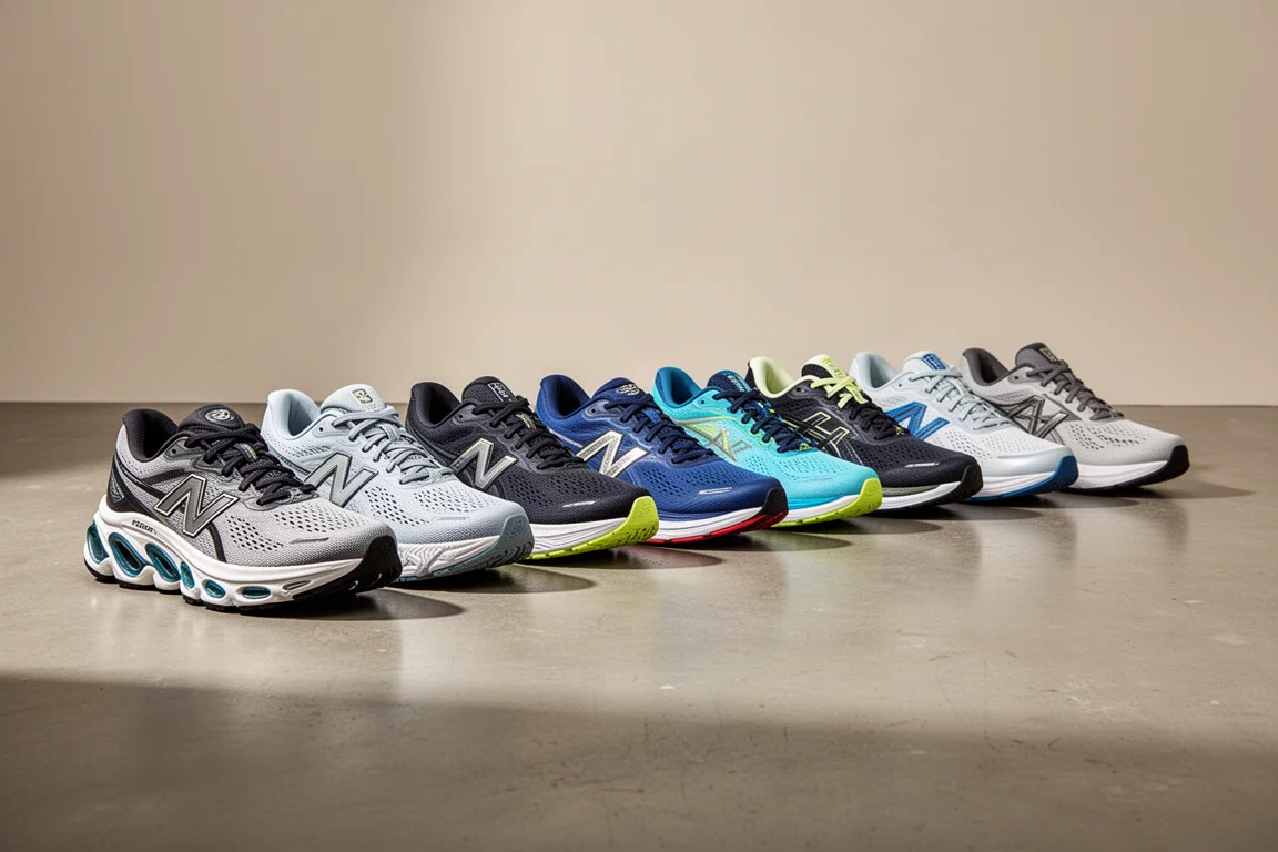 Lineup of ten modern running shoes in assorted colorways on a concrete studio floor