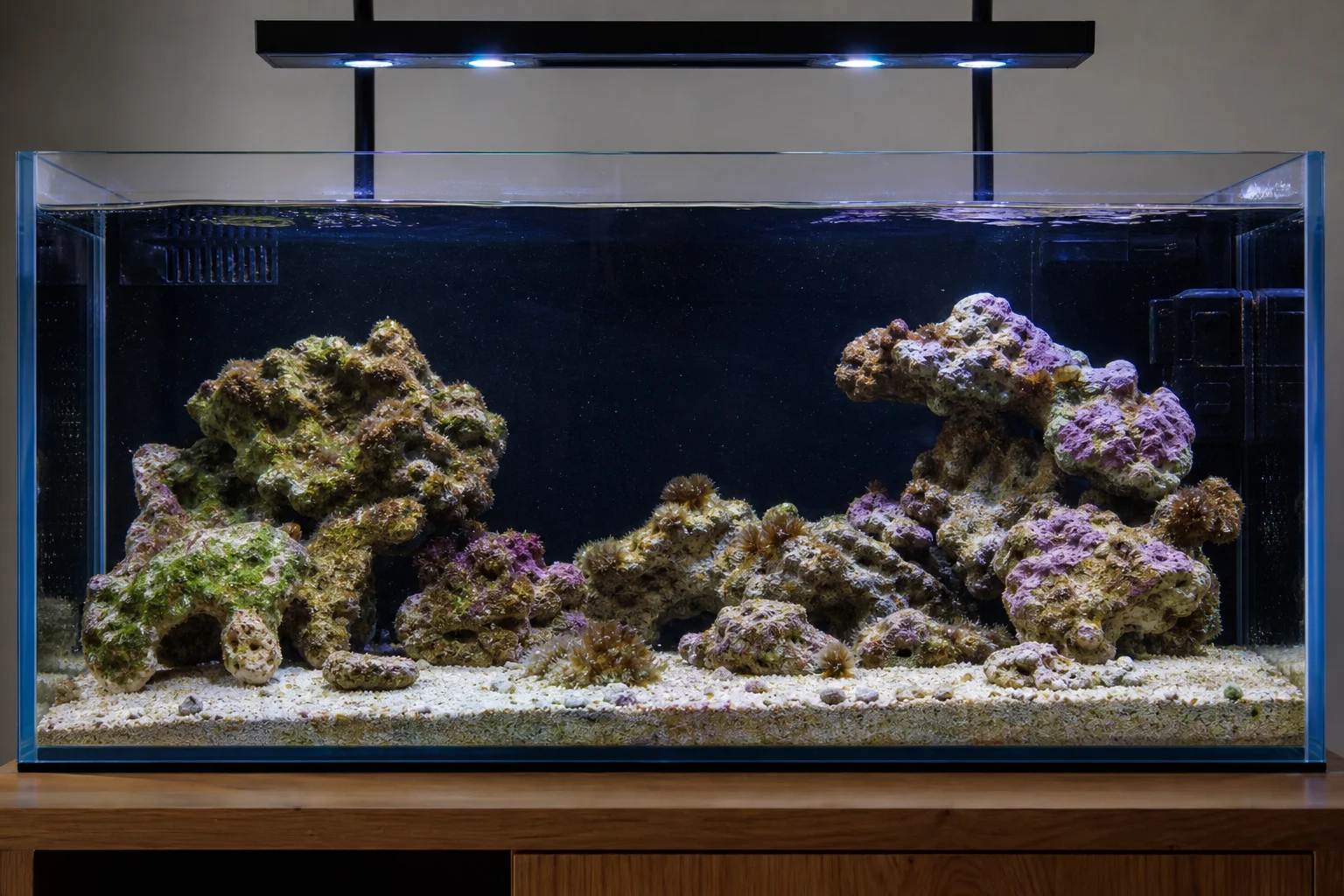 Saltwater aquarium showing various algae growth patterns during cycling
