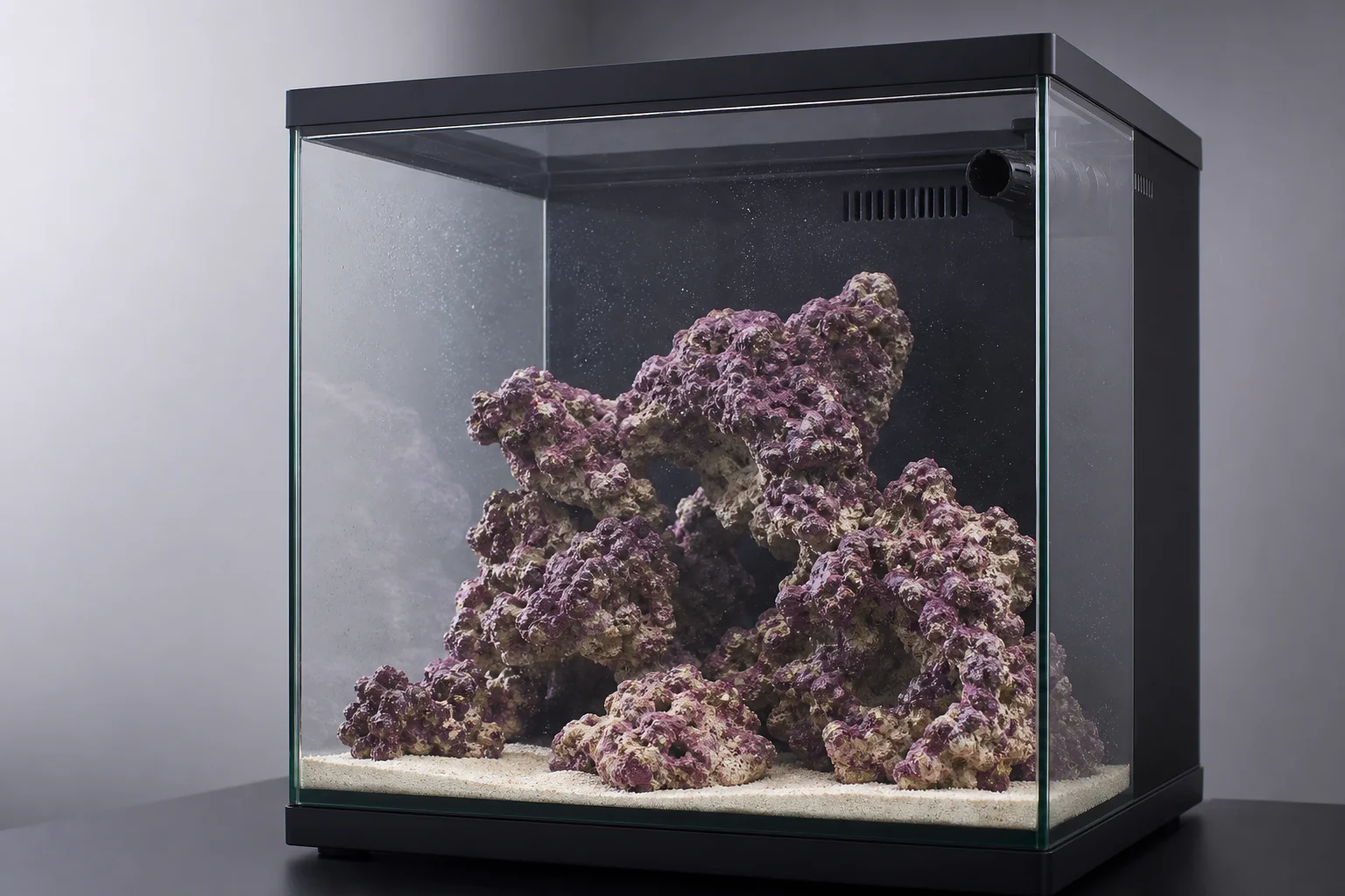 Saltwater aquarium during cycling phase with dry rock and early coraline growth