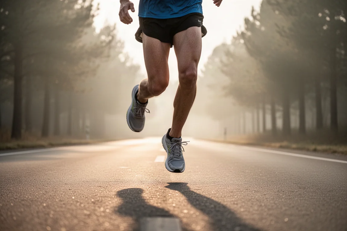 Runner picking up pace on an open road in soft morning light