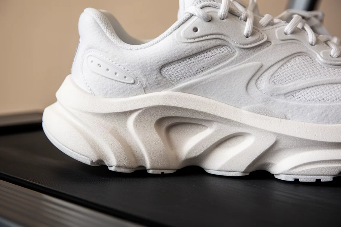 Close-up of a plush cushioned road running midsole on a treadmill belt