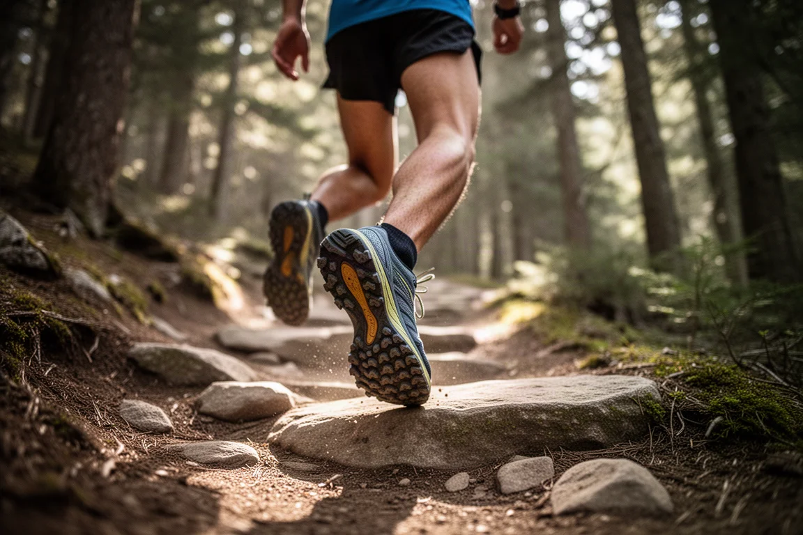 Trail runner crossing rocky singletrack on a mountain trail