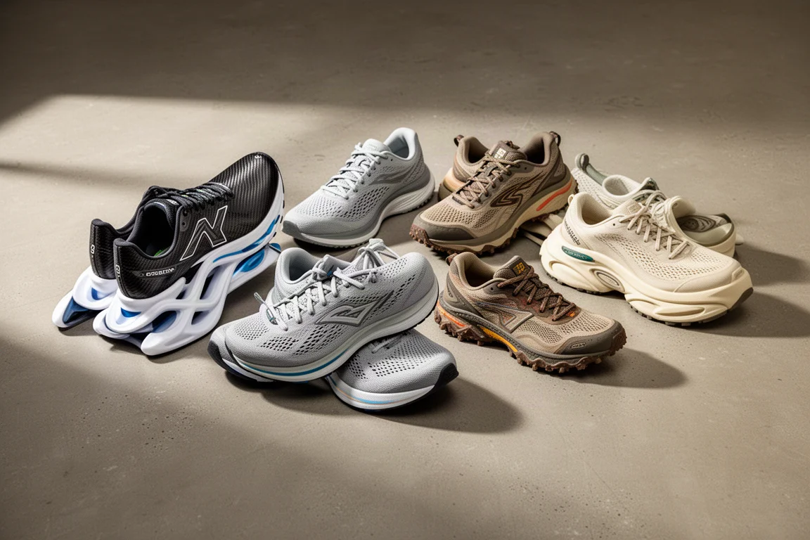 Ten assorted running shoes lined up on a concrete floor