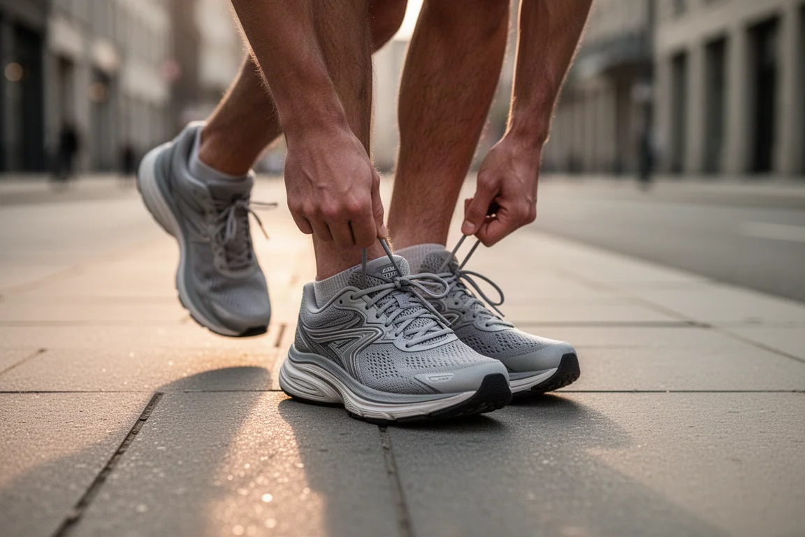 Un corredor atándose las zapatillas de running en una acera tranquila de la ciudad al amanecer