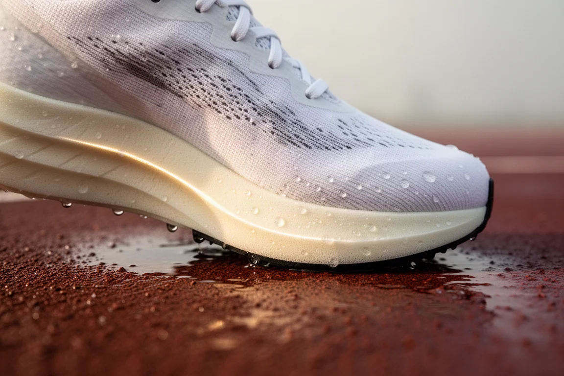 Primer plano de la mediasuela ligera de una zapatilla de competición curvándose en una pista mojada