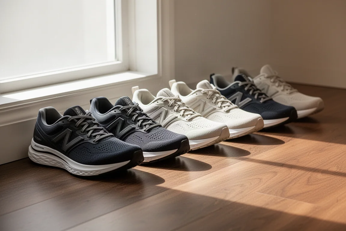 Fila de zapatillas de entrenamiento diarias amortiguadas alineadas sobre un suelo de madera