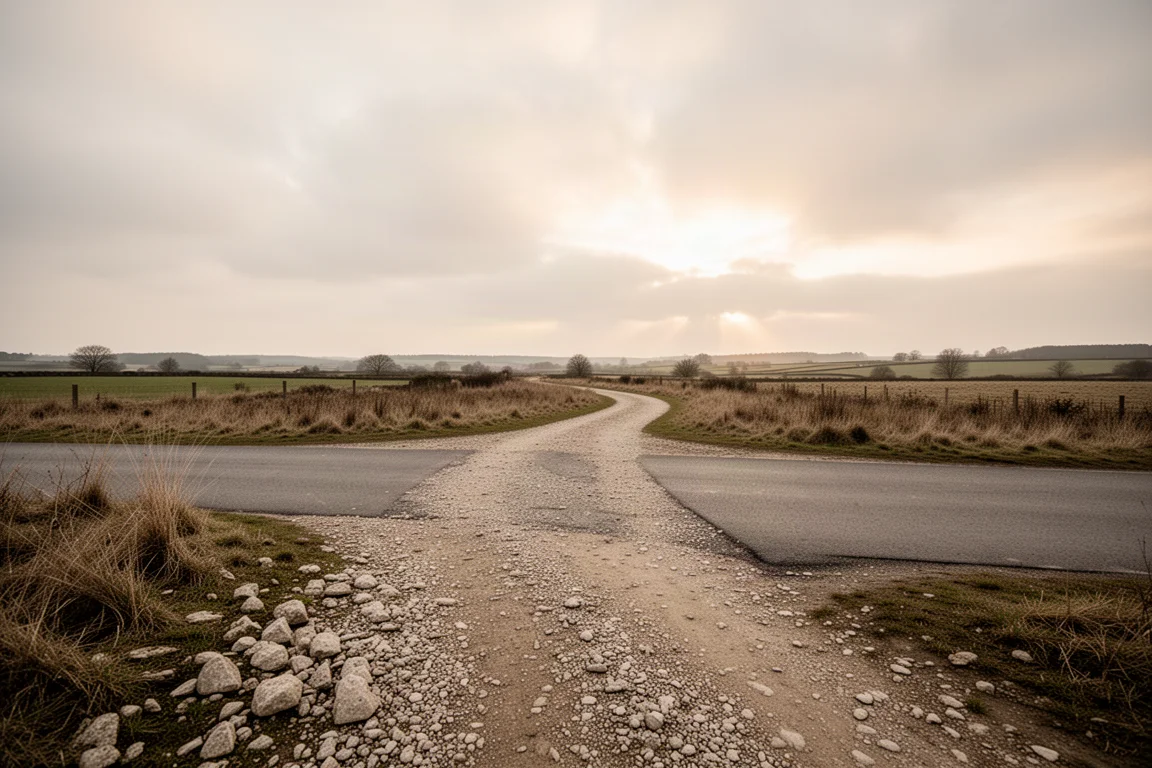 Cruce de sendero y carretera con un camino de grava que se extiende hacia el campo abierto