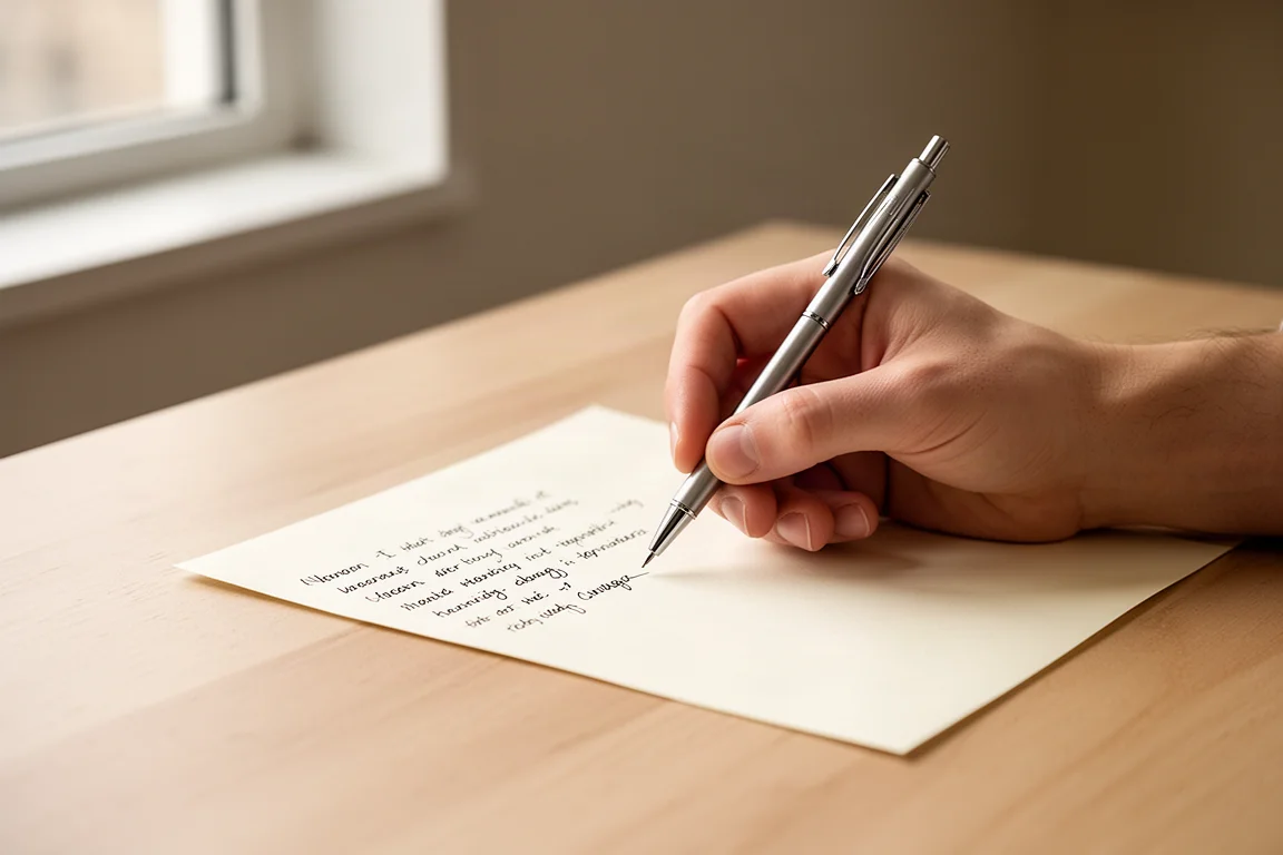 Mano escribiendo notas con un portaminas sobre papel con luz natural suave