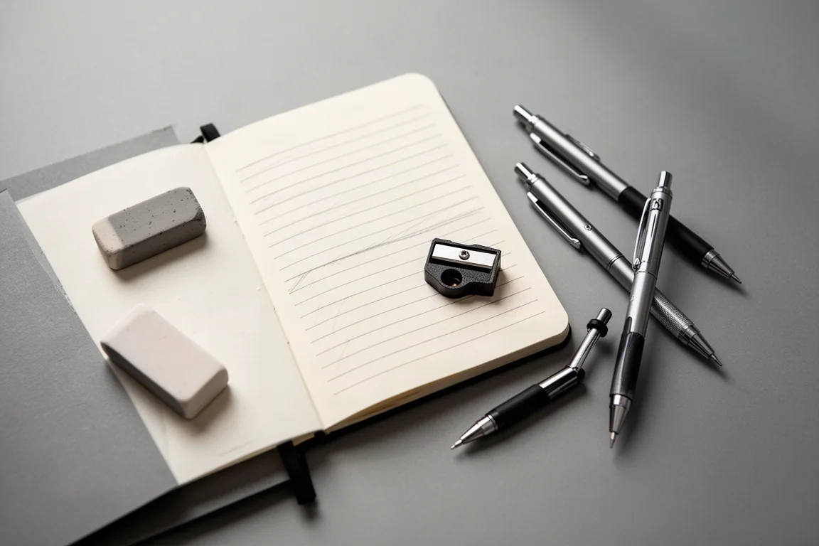 Vista cenital de útiles de escritura y cuadernos sobre un escritorio neutro