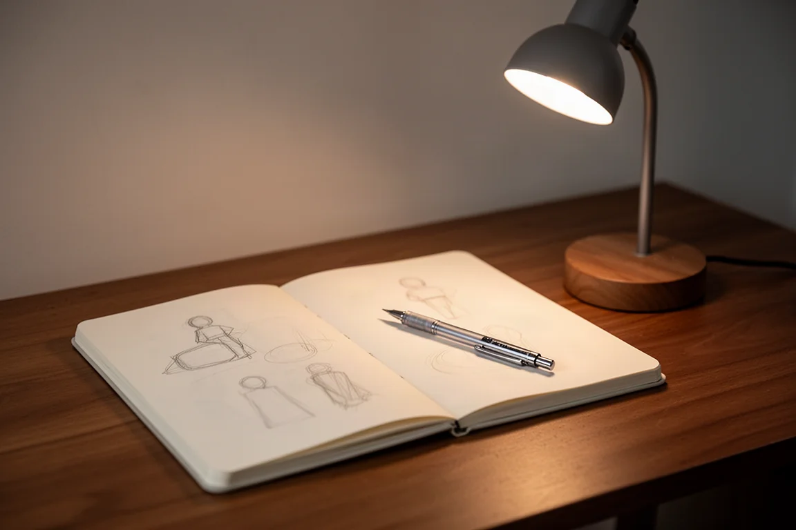 Persona dibujando a lápiz en una libreta junto a una lámpara de escritorio al atardecer