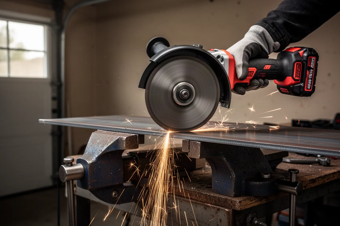 Grote 6-inch haakse slijpmachine die door staal snijdt terwijl vonken overspatten