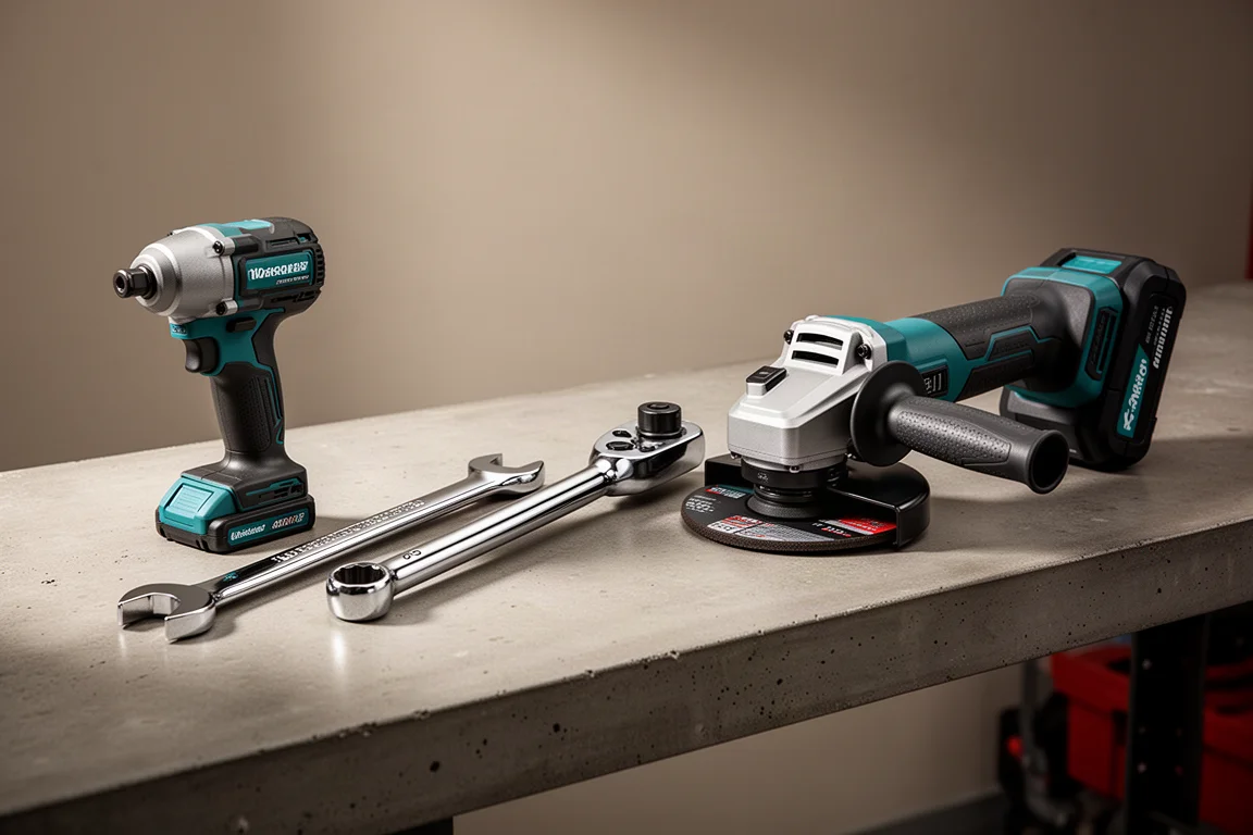 Lineup of workshop tools including an impact wrench, combination wrench, torque wrench and angle grinder on a workbench