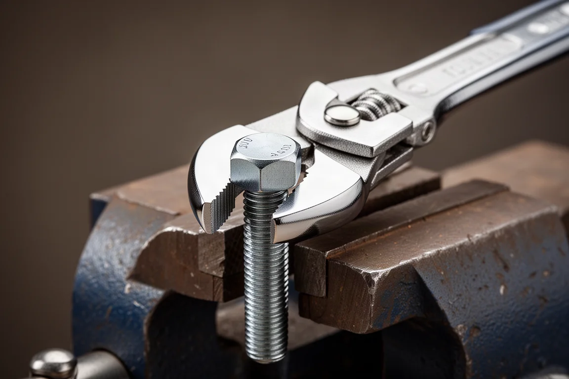 Zelfinstellende plier wrench die een grote boutkop vastpakt in een bankschroef