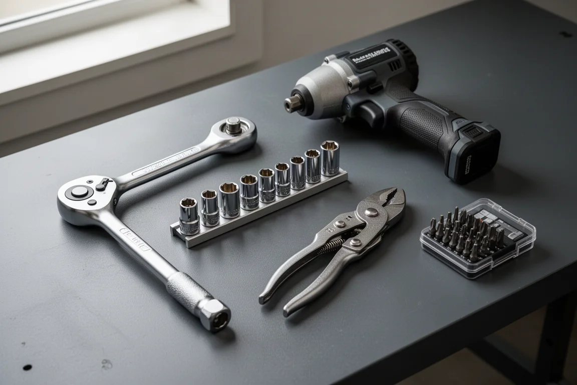 Assortment of hand tools including ratchets, sockets, an impact wrench, and pliers on a dark workbench