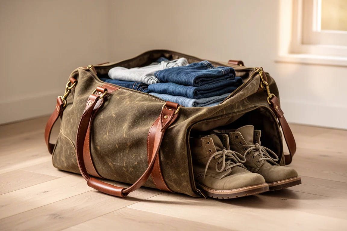 Waxed canvas duffel bag packed open on a wooden floor beside a pair of shoes