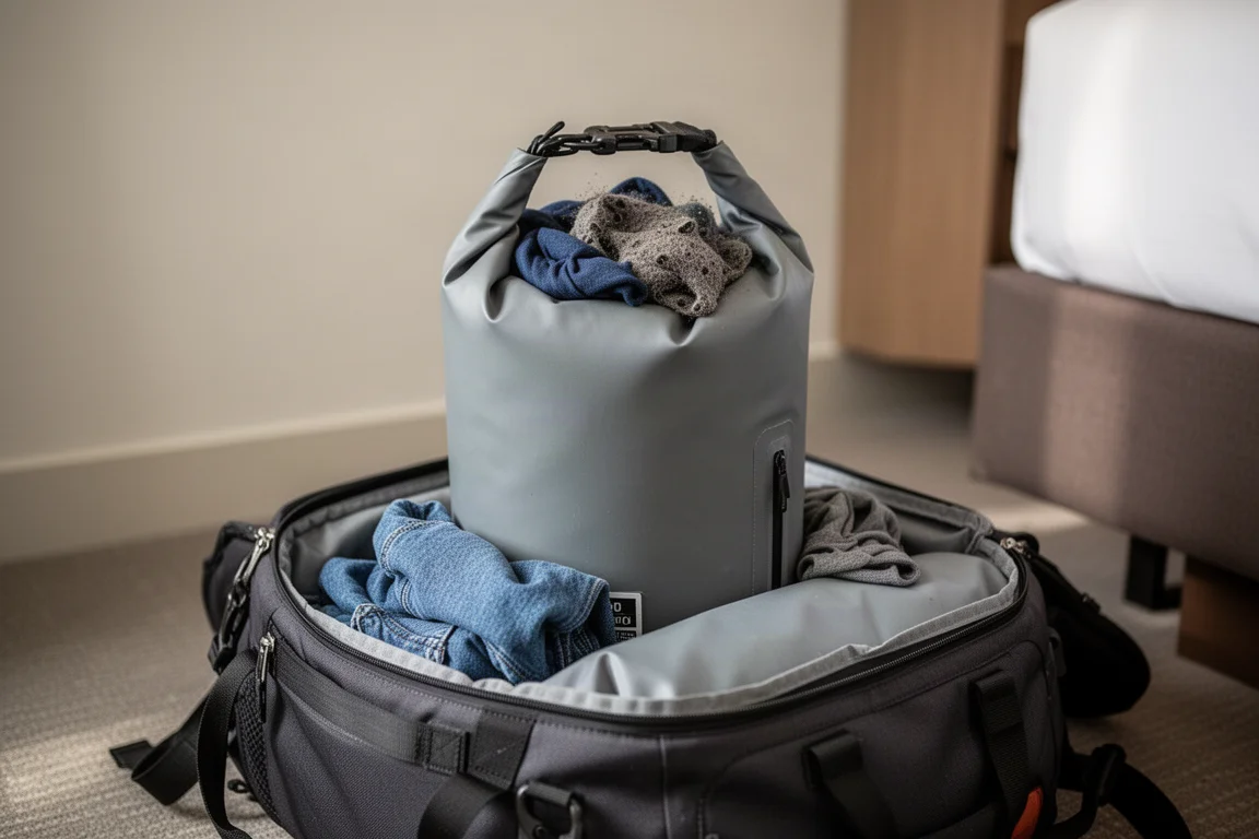 Grey roll-top dry bag packed with clothes inside an open travel backpack