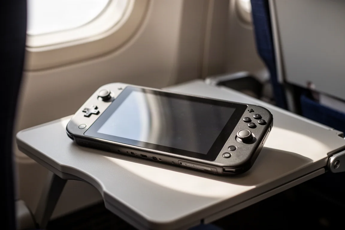 Handheld gaming console resting on an airplane tray table in cabin light