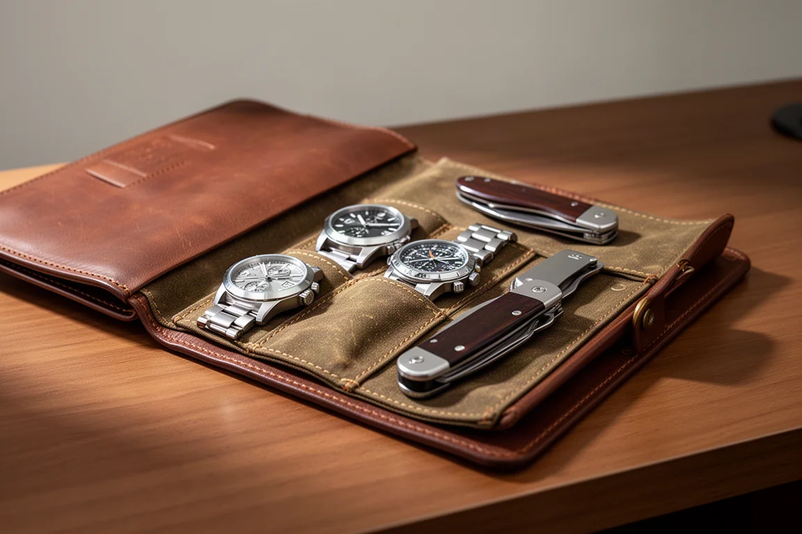 Open leather folio with stitched pockets holding two watches and folded pocket knives