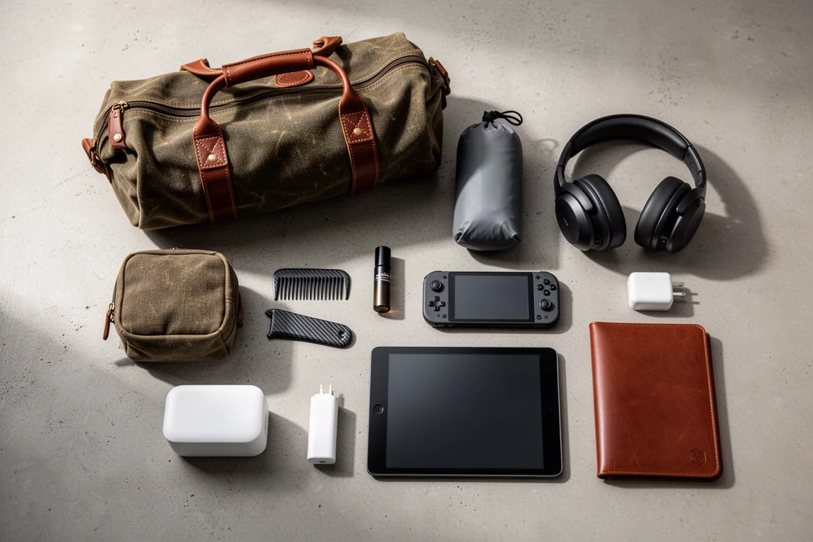 Flat-lay of travel gear including duffel, dopp kit, headphones, tablet, charger and folio on concrete