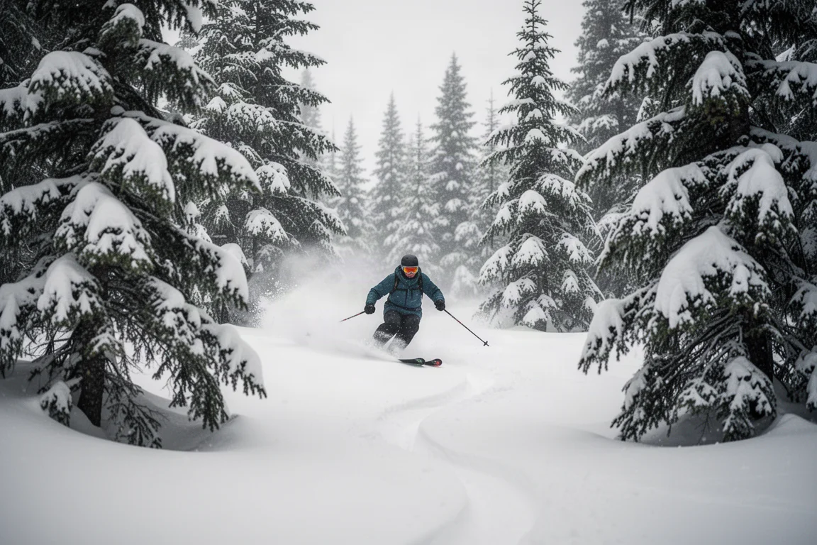 Esquiador zigzagueando entre abetos cargados de nieve en un día de polvo