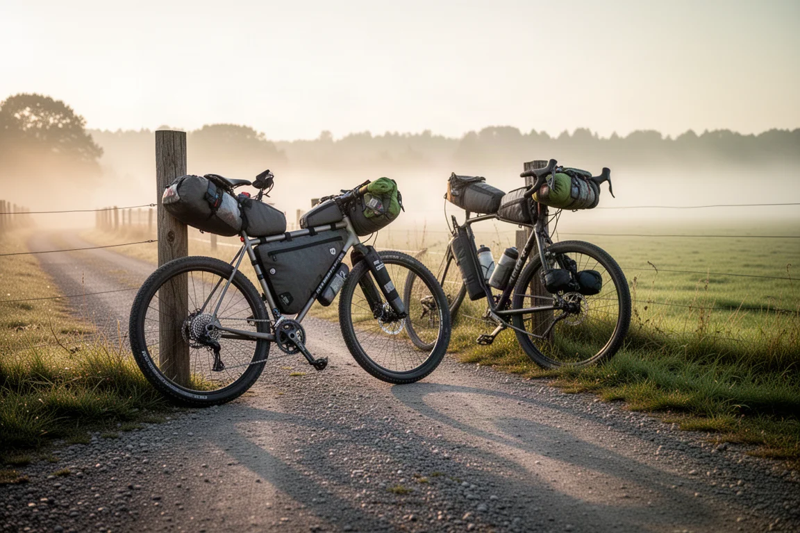 Bicicleta de bikepacking carregada numa estrada de cascalho com neblina ao amanhecer