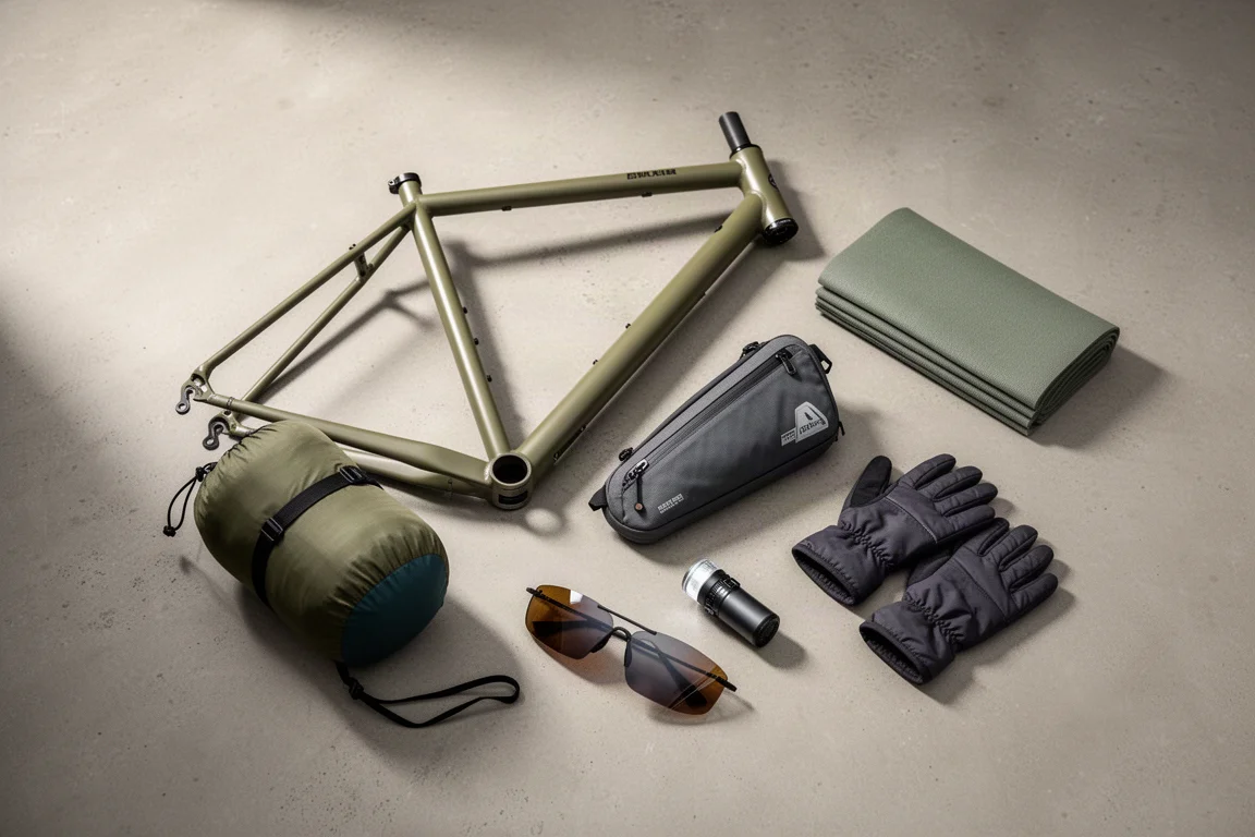 Bikepacking gear flat-lay with frame, tent, mat, frame bag, light, gloves and sunglasses