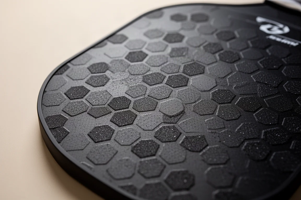 Primo piano della superficie di una pala da pickleball con texture esagonale