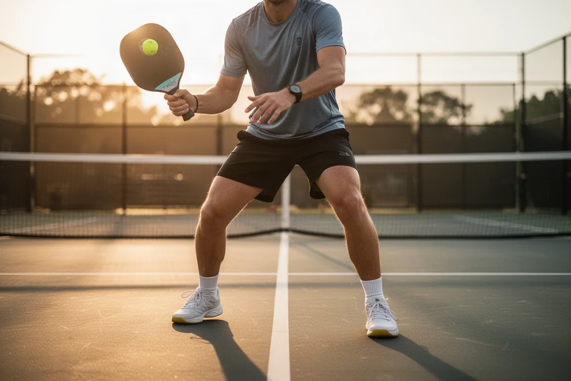Giocatore di pickleball che si prepara a servire su un campo all'aperto all'ora d'oro