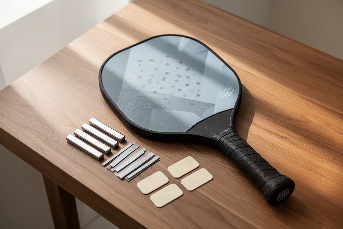 Pala da pickleball con piccoli pesi in tungsteno posizionati vicino alla testa